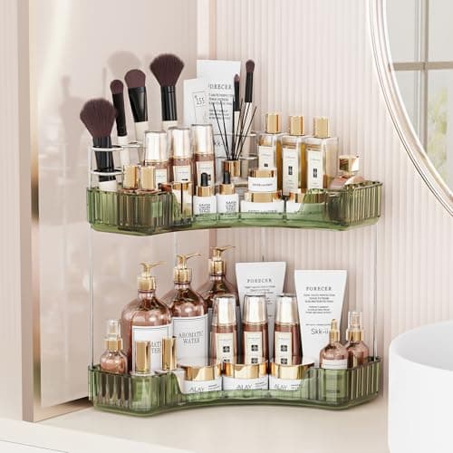 Asayuee 2Tier Corner Bathroom Counter Organizer with Top Toothbrush HoldersLarge Makeup Organizer Countertop with Brush HolderSkincare Organizers CornerExquisite Vanity OrganizerGreen 2 Tier