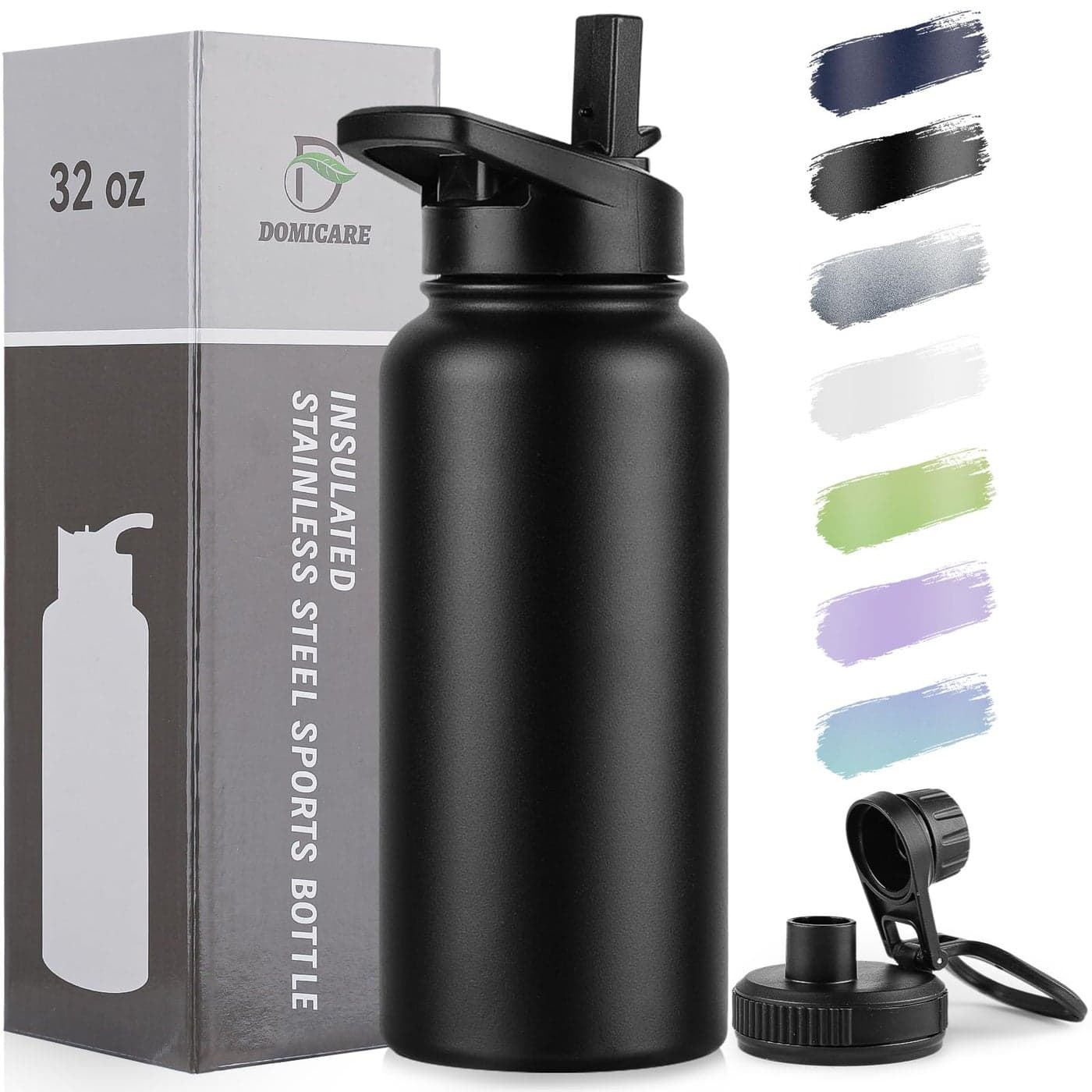 DOMICARE 32 oz Insulated Water Bottle Vacuum Insulated Stainless Steel Sports Water Bottle with Straw Lid Spout Lid Leakproof Reusable Travel Camping Bike Black