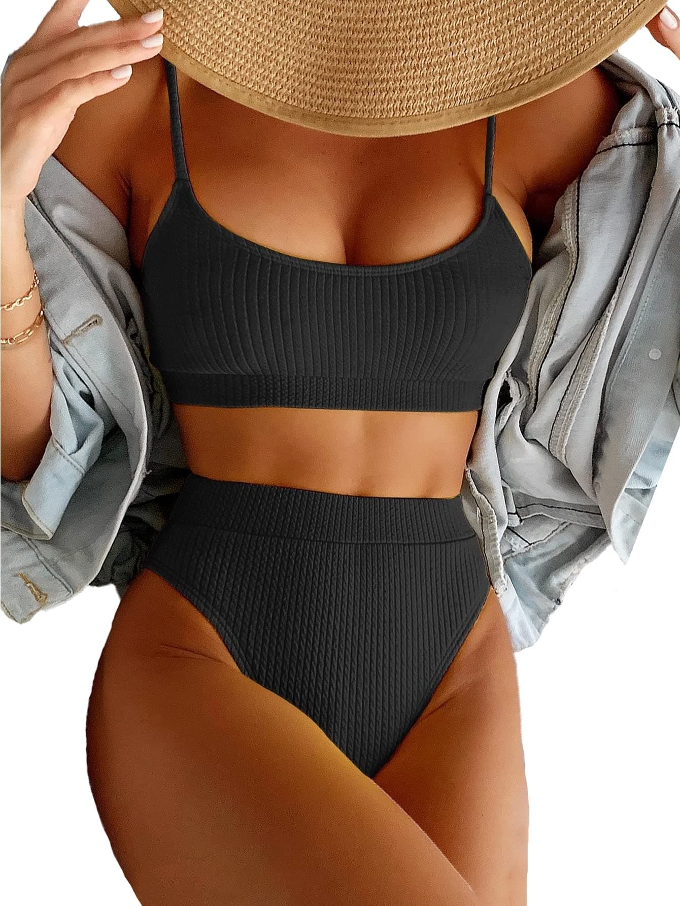 Lilosy High Waisted Tummy Control Bikini Ribbed Sporty Brazilian Swimsuit Set Women Highwaisted Cheeky Cut Leg Rise Bottom Crop Push Up Top 2 Piece Bathing Suit Black X-Large