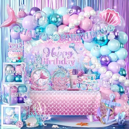295Pcs Mermaid Birthday Decorations Serve 25 Mermaid Party Decorations Include Balloon Garland Arch Plates Tablecloth Cake Topper Cupcake Stand Cupcake Toppers for Under The Sea Party