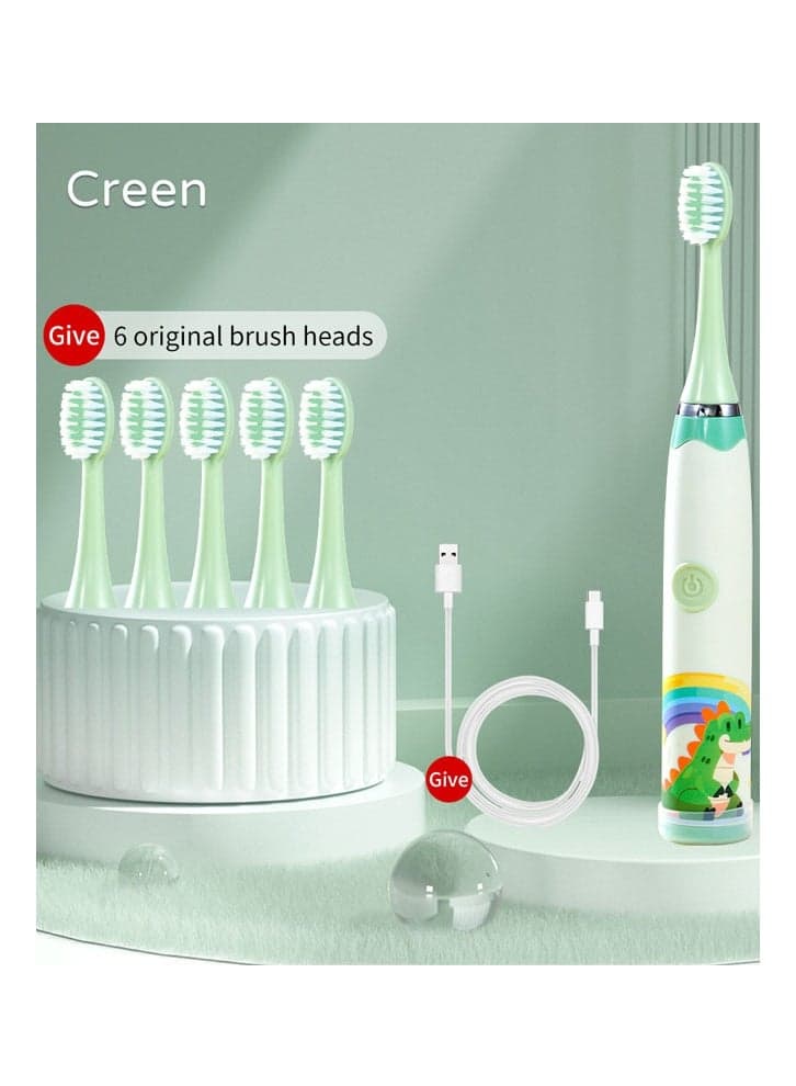 Children's Cartoon Electric Toothbrush Ultrasonic Soft Bristle Rechargeable Toothbrush 163 Green 6 Brush Heads (Type-C Rechargeable)