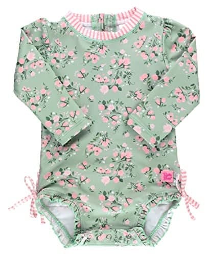RuffleButts Baby Girls UPF 50+ Sun Protection Floral Printed Long Sleeve One Piece Rash Guard Swimsuit with Zipper - Tea Roses, 6-12m