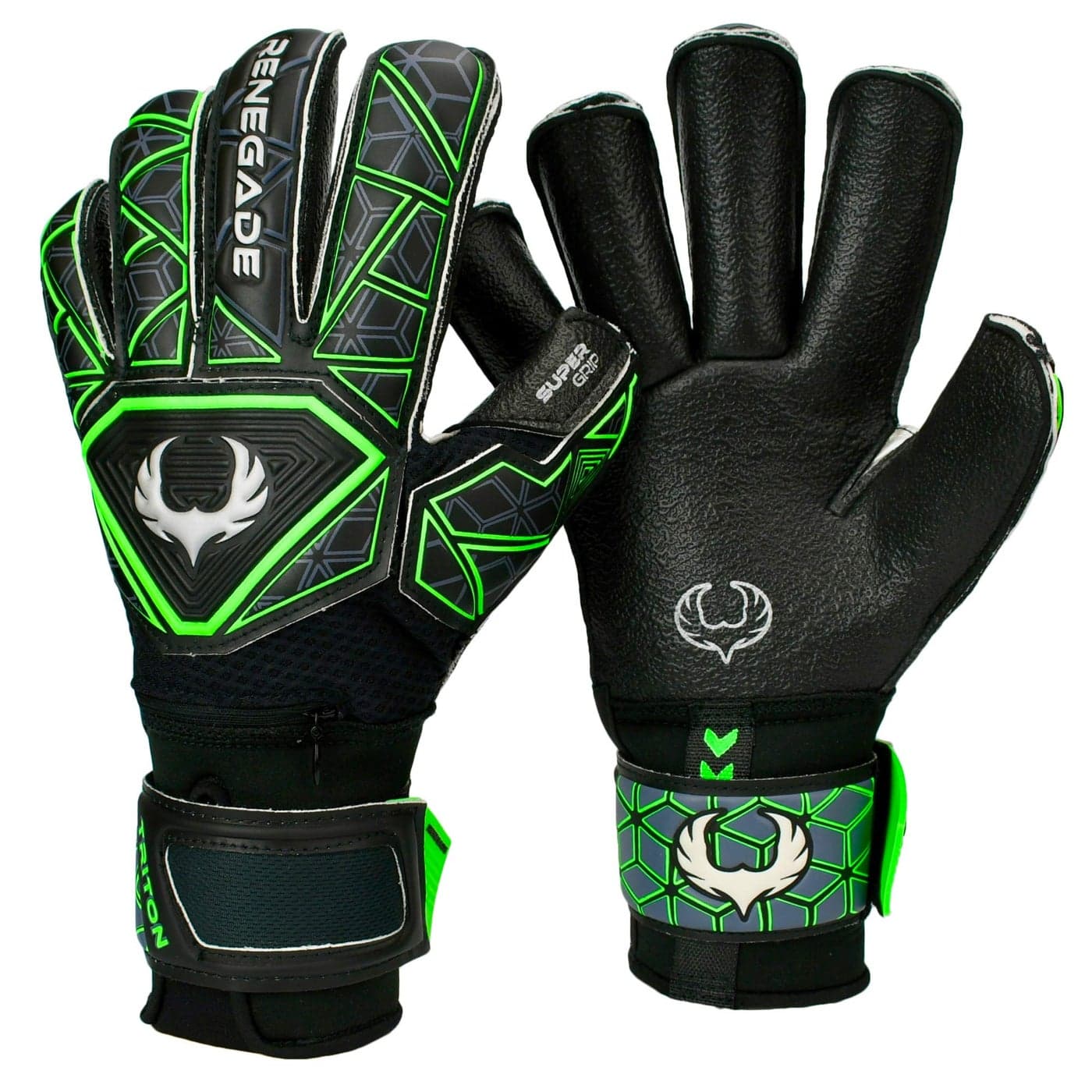 Renegade GK Triton Raider Goalie Gloves with ProTek Finger Spines 353mm Super Grip 4mm Duratek Black Green Soccer Goalkeeper Gloves Size 7 Youth Roll Cut Level 2