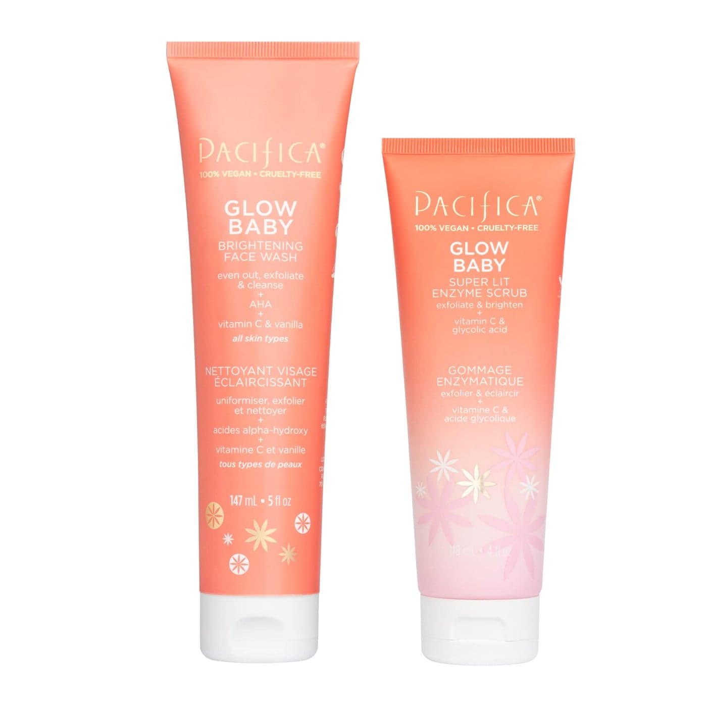 Pacifica Beauty Glow Baby Brightening Face Wash Enzyme Face Scrub Set Skincare Vitamin C Glycolic Acid Vitamin E Facial Cleanser Exfoliator Skin Care Vegan 5 fl oz and 4 fl oz Set of 2