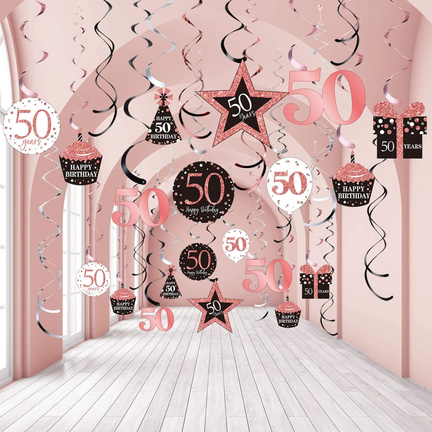 Blulu 50th Birthday Decorations for WomenRose Gold Happy 50th Birthday Decorations Hanging Swirls Ceiling Decor Shiny Foil Swirls for Party Supplies 30 Count