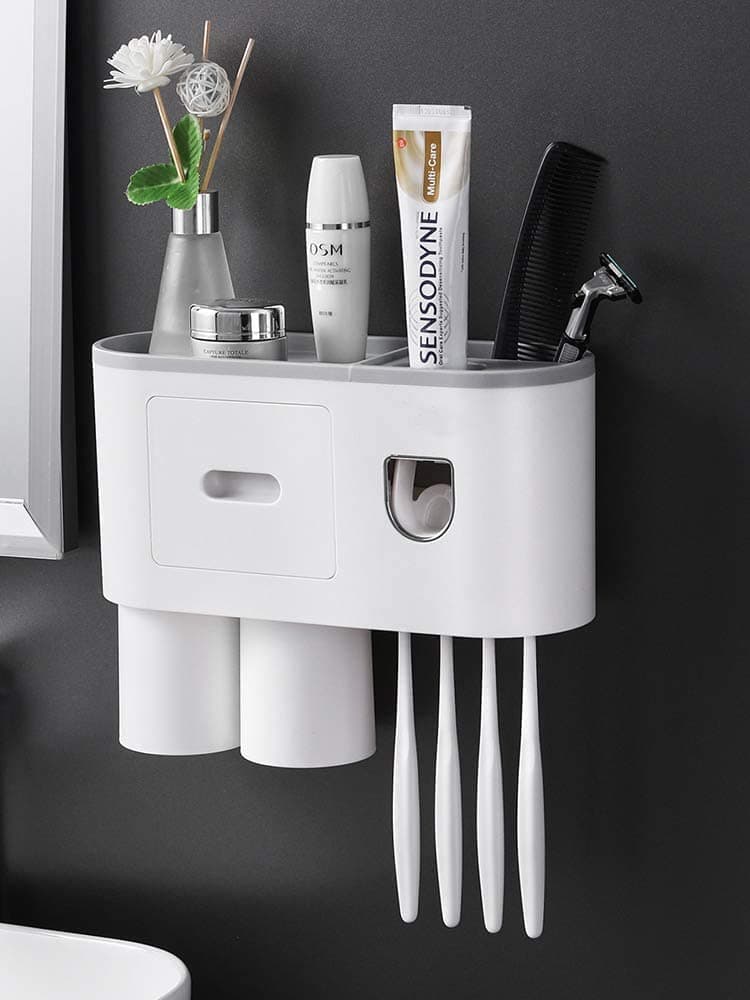 Antokin Toothbrush Holder with Cosmetic Drawer Organizer and Toothbrush Rack Integrated with Automatic Toothpaste Dispenser Space Saving with Magnetic Cup Design 2 Cup