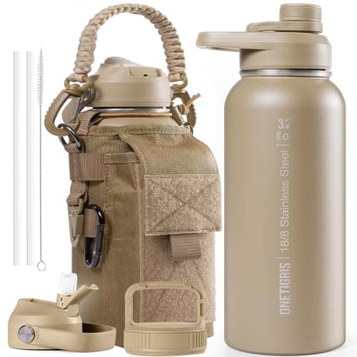ONETIGRIS 32 oz Insulated Water Bottle with Straw - Tactical Stainless Steel Water Jug, Leakproof Thermos Wide Mouth Sport bottle with 3 Lids and Sleeve for Travel, Gym, Camping, Hiking