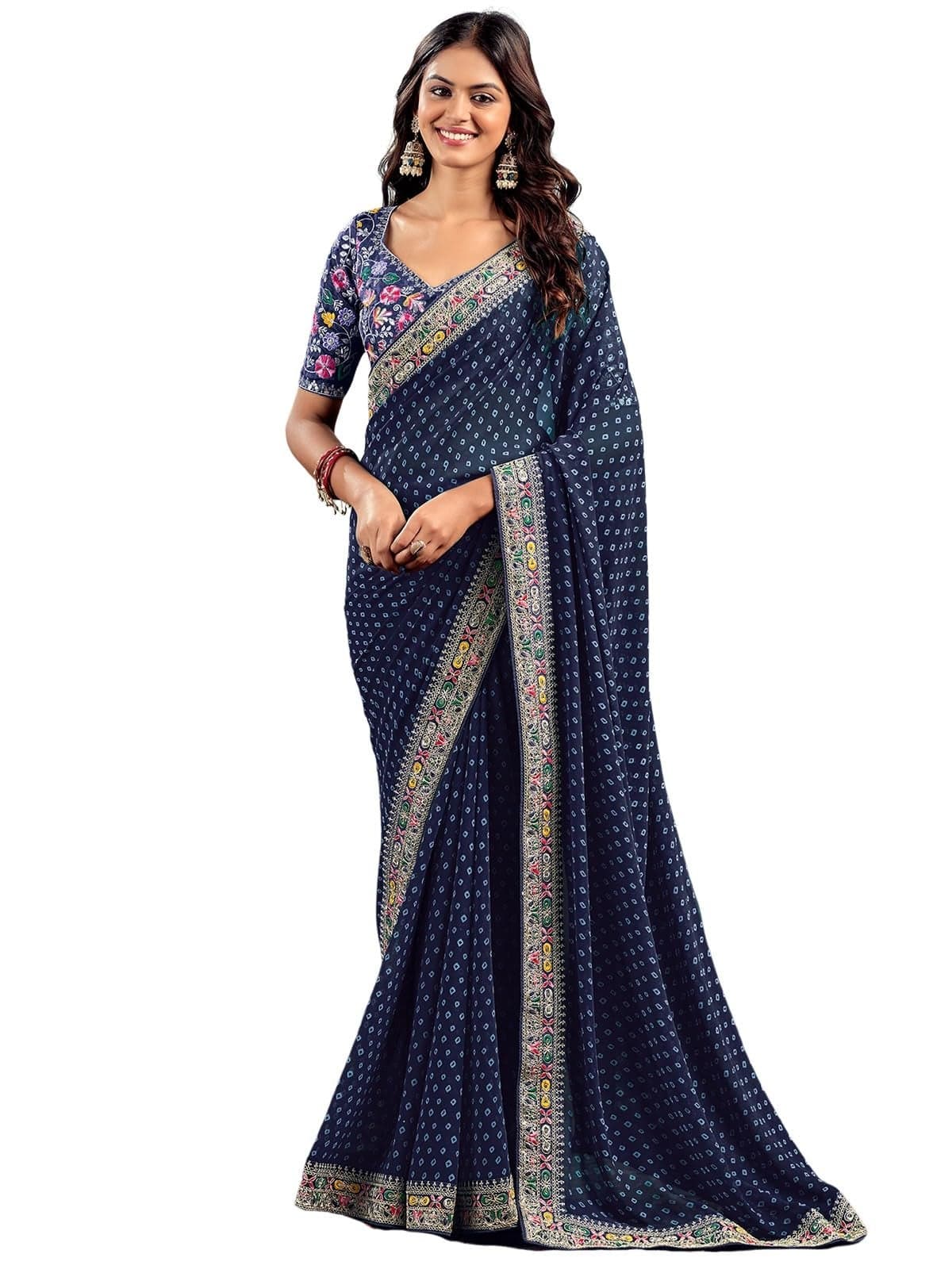 Satrani Women's Georgette Sequence Embroidery Lace & Bandhani Printed Saree with Unstitched Blouse Piece (4115S906N_Navy Blue)