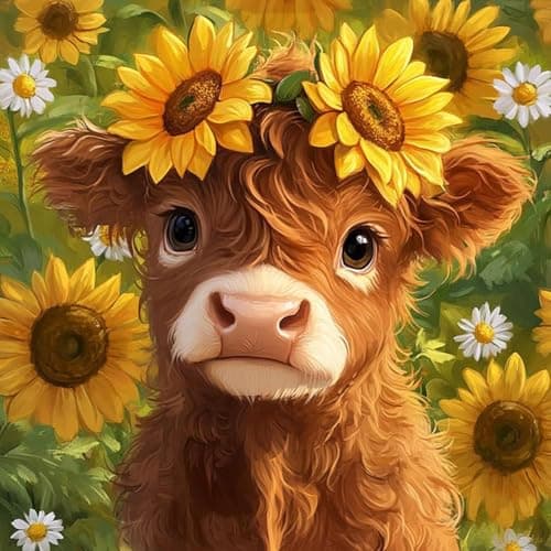 KINPLUB Highland Cow Diamond Art Kits for Adults Beginners Cow Sunflowers Diamond Painting Kits for Adults DIY Full Drill Round Gem Art Dots for Home Wall Decor 12x12 Inch