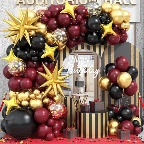Black Burgundy Gold Balloons Arch Kit Maroon Black Gold Balloons Arch Garland 98Pcs Black Red Metallic Gold Balloons with Stars Balloon for Birthdays Retirement Graduation Celebrations Class of 2025