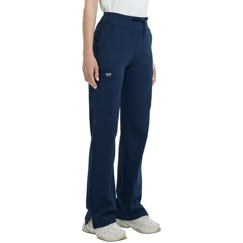 QBK High Rise Yoga Scrub Pants Women Straight Wide Leg Uniform Pants with Cargo Pocket AntiWrinkle Knit Yoga Waistband Regular Navy M