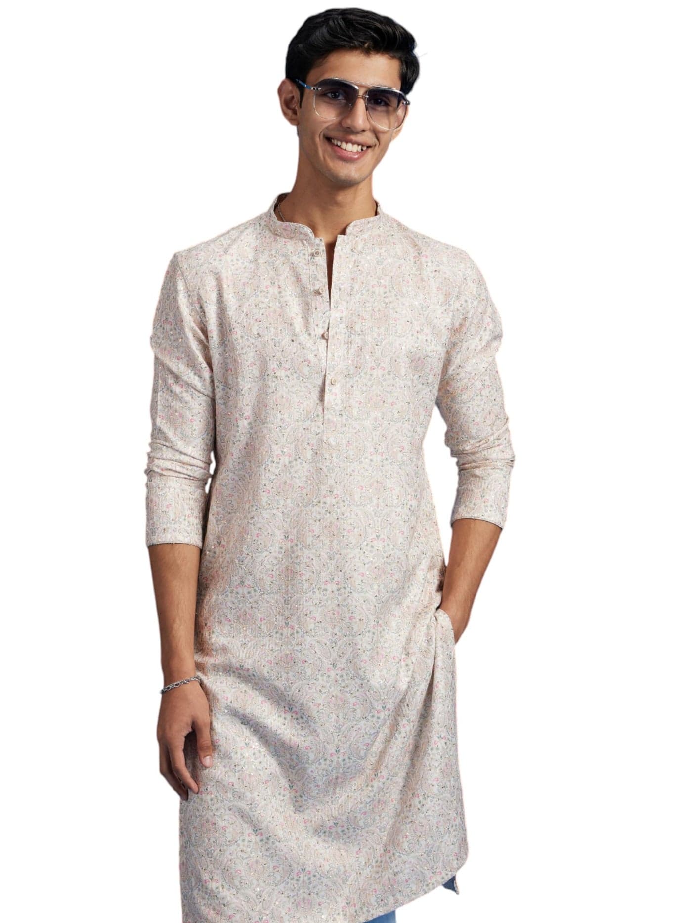 DIWAS BY MANYAVAR Men's Cotton Blend Printed|Sequined Kurta (Cream,S)