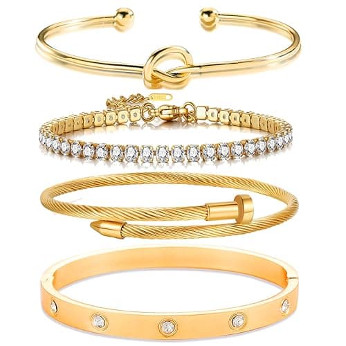 18K Gold Plated Womens Stackable Floral Gold Clover Bracelets Set Love Bangle Bracelets Non Tarnish, Gold Bracelet Set Trendy Jewelry,Gifts for Women's Day and Mother's Day