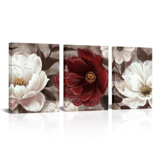 RyounoArt Red and Brown Flower Paintings Maroon Floral Canvas Art Burgundy Picture Prints for Bathroom Bedoroom Wall Decor Gallery Wrapped 12 16in3pcs