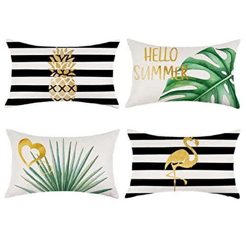 ONWAY Hello Summer Pillow Covers Waterproof 12x20 Set of 4 for Summer Decorations Black Stripe Gold Cushion Cases Tropical Pineapple Flamingo Throw Pillows for Couch Patio Furniture