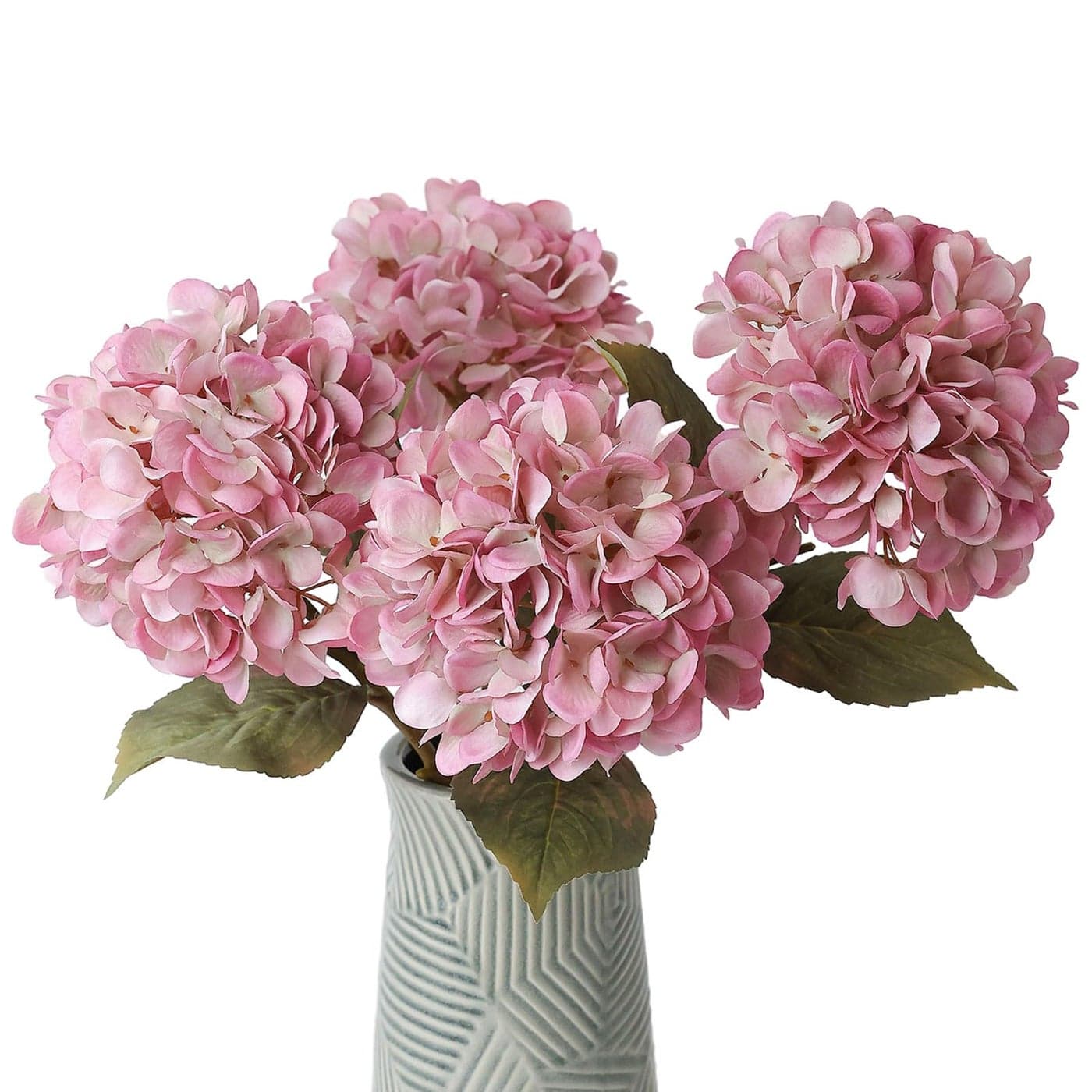 mizii 4Pcs Pink Artificial Hydrangea Flowers Large Fake Silk Hydrangea Flower with Leaves Stems Realistic Faux Hydrangeas Decorations for Wedding Table Centerpieces Vase Home Decor Blush