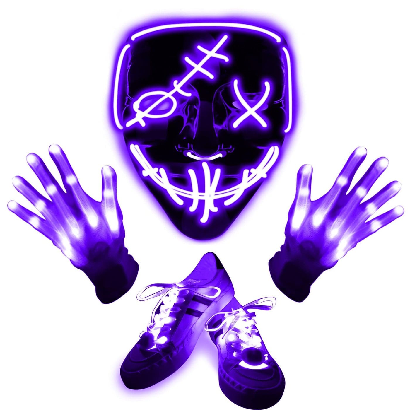 3 Set Halloween LED Mask Light Up Gloves and Glow Shoelaces Scary Mask Halloween Costume Cosplay Party for Adults Kid