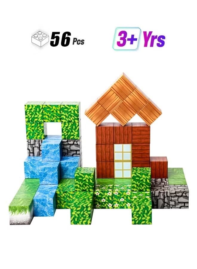 56 Pieces Magnetic Blocks - Build Magnet World Magic Forest Set, 1'' Magnetic Building Blocks Toddler Creative Kids Toys, STEM Sensory Outdoor Toys for 3+ Year Old Boys & Girls