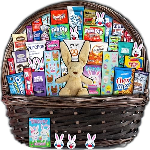 Easter Basket Gift 40ct Pre Filled Easter Gift Basket for Kids and Adults with Bunny Candy Snacks and Treats Boys Girls Grandchildren Young Children Toddlers Men Women