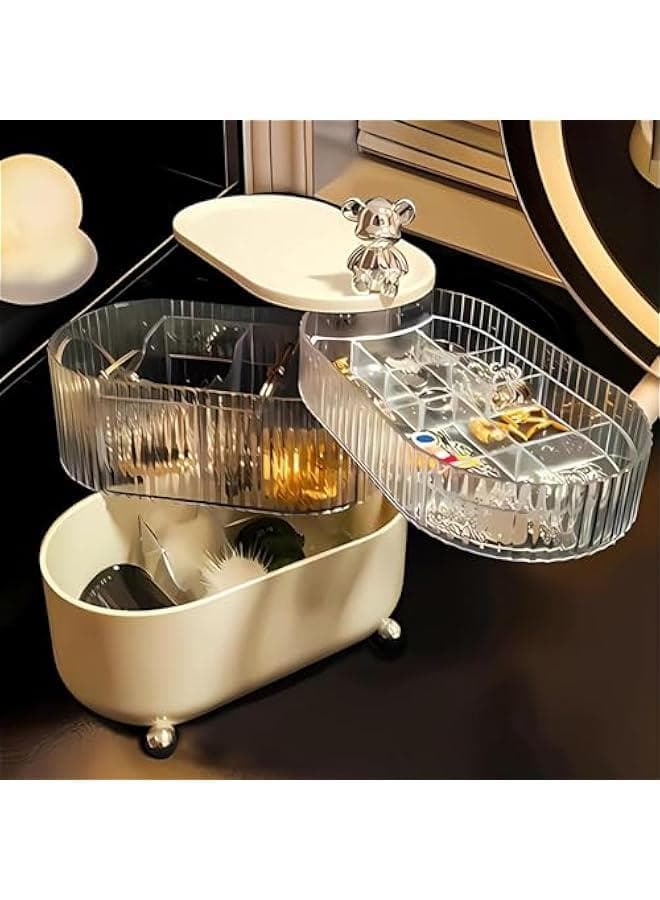 Jewelry Storage Box,3-Layer 360°Rotating Jewelry Organizer,Cosmetic Divided Storage Display Box with Drawer and Transparent Lid,Jewellery Box for Rings,Earrings,Bracelets,Necklaces (White)