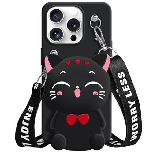 SGVAHY Wallet Case for iPhone 16 Pro Max with Strap Lanyard Cute Cat Black Coin Purse Funny Phone Case Kawaii Soft Silicone Shockproof Cover for Women Girls