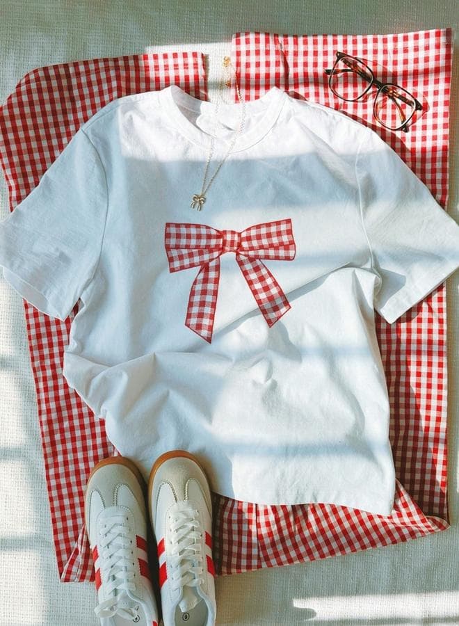 Women White T-Shirt with Gingham Bow Print