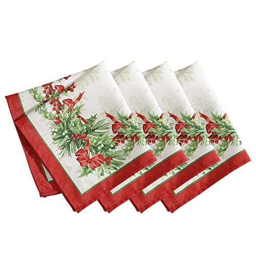 Elrene Home Fashions Holly Traditions Fabric Bordered Napkins 17 Inches x 17 Inches Set of 4