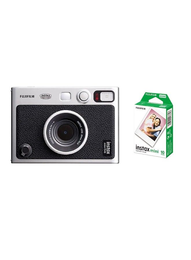 Instax Mini EVO Hybrid Instant Camera – Black (USB-C) | Instant Print with Digital Preview, Creative Modes & Built-In Selfie Mirror With Pack Of 10 Films