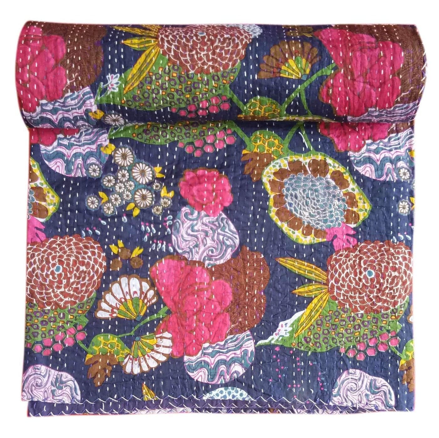 Kirti Textile and Handicraft Cotton Handmade Queen Size Throw Kantha Quilt Multicolour TC 60