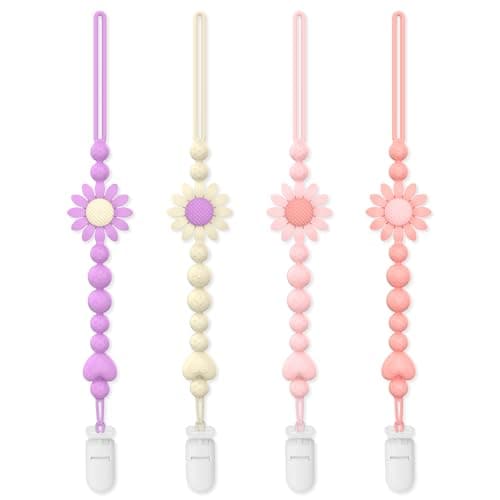 Pacifier Clip 4 Pack Silicone Pacifier Clip with One Piece Design for Newborn Boys and Girls Floral Patterns Pacifier Holder Clip Fits for Most Pacifier Baby Teethers Baby Shower