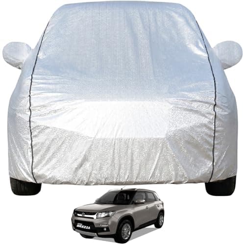 Pivalo Car Cover for Maruti Brezza All Model & Years (2016-2026) 100% Waterproof with Mirror Pockets, Triple Stitched Bottom Elastic Dustproof Full Body Protection (Heat & UV Resistant, Silver)