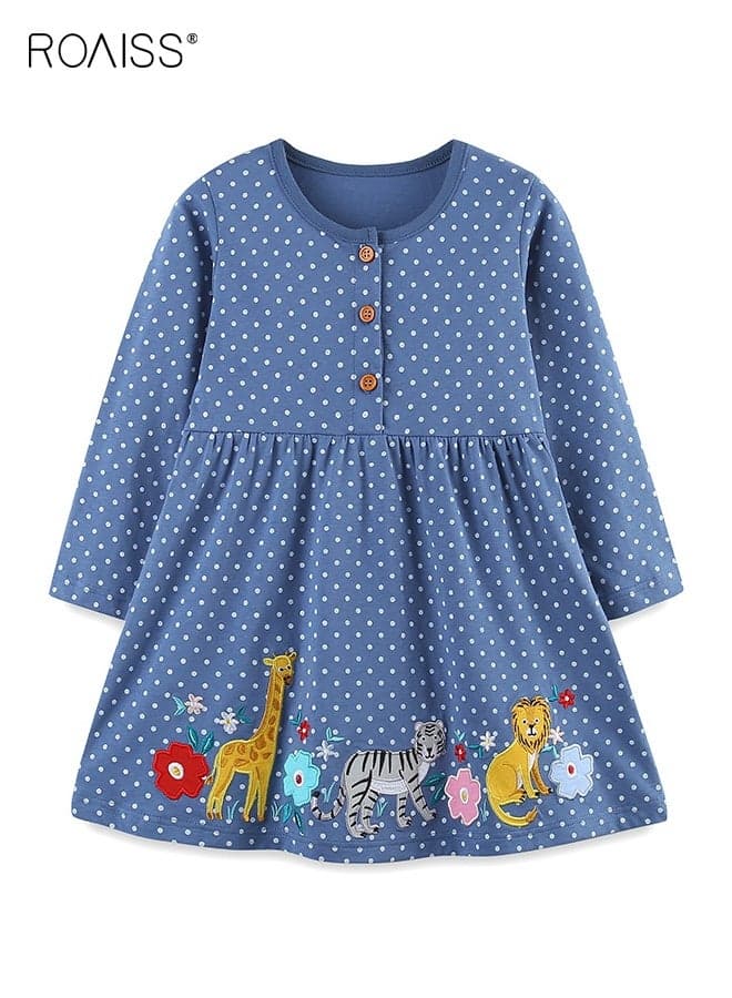 Girls Stylish Dress, Long Sleeve A-line Dress, Polka Dots Cotton Dress, Fancy Dress with Cartoon Patterns and Front Buttons, Suitable for Daily Wear and Outdoor Activities