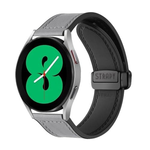 STRAPY 20mm Soft Genuine Leather Hybrid Watch Band Compatible with Samsung Galaxy Watch 7/6/5/4, 40mm/44mm Smartwatch, Magnet With Folding Buckle Straps for men women (Grey)