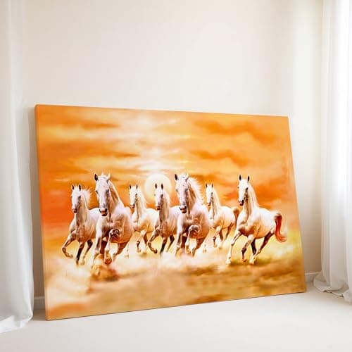Nozvera 7 Horses Vastu Photo Frame Painting With Rising Sun Seven Horses Big Size Canvas Painting For Wall Decoration, Living Room, Home, Bedroom, Office (Design 4, 60L x 45W cm, Wrapped Canvas)