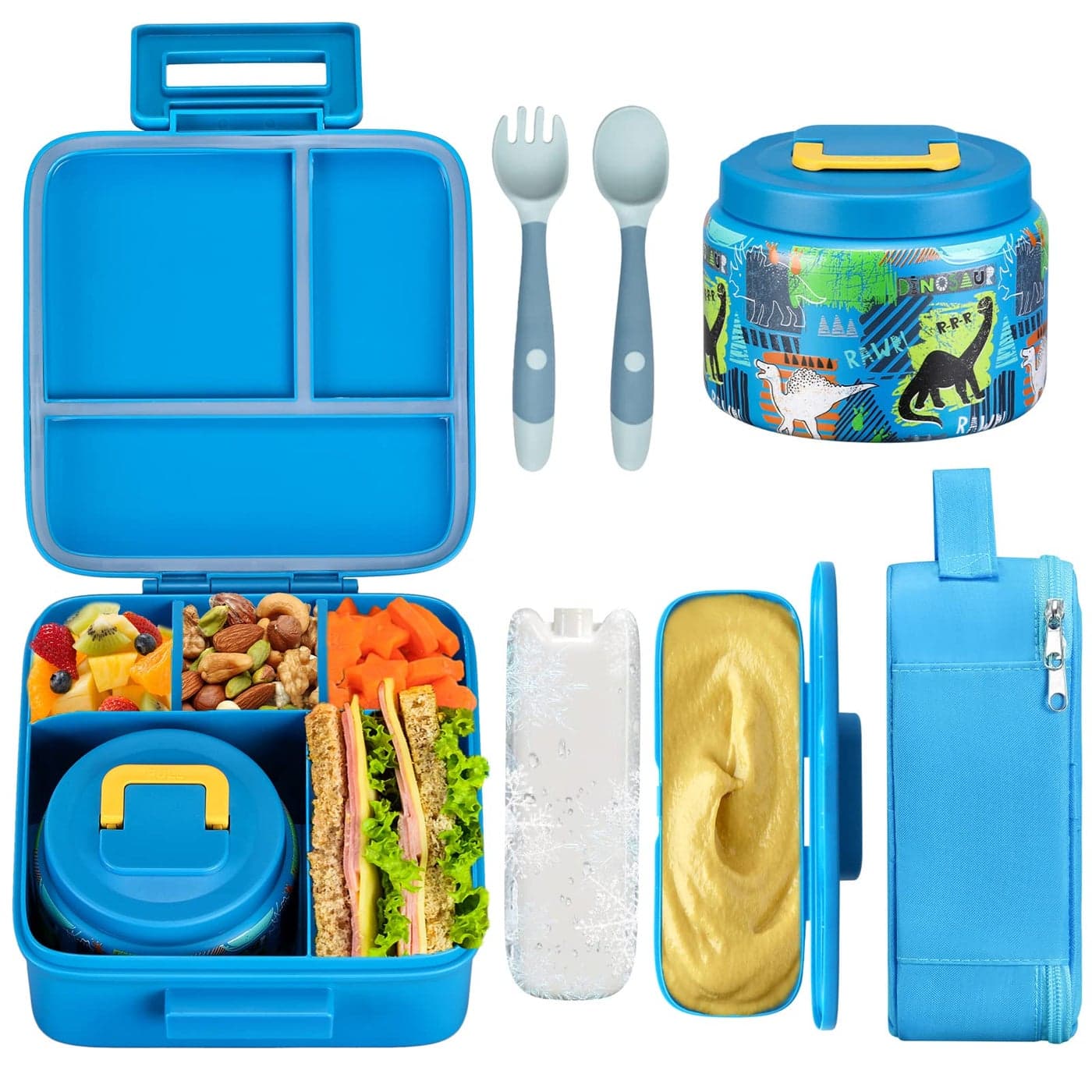 JXXM Bento Lunch Box for Kids With 8oz Soup thermoLeakproof Lunch Containers with 5 Compartmentthermo Food Jar and Lunch Bag Food Containers for School ABlueDinosaur