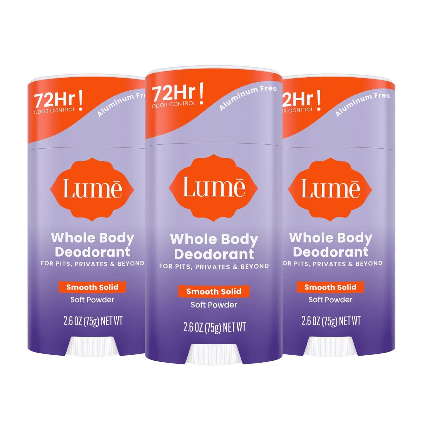 Lume Whole Body Deodorant Smooth Solid Stick 72 Hour Odor Control Aluminum Free Baking Soda Free and Skin Loving 26 Ounce Pack of 3 Soft Powder