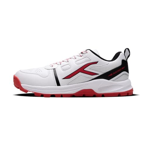 Hundred Mens Hyperturf Cricket Shoes | Terraspike Rubber Studs | Embedded Support Plate for Stability | Lightweight & Durable | Ideal for Turf, Ground & Hard Surfaces (White/Black/Red ; UK 7)