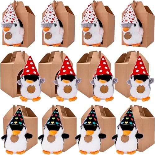 Flahard 57 Pcs Penguin Party Favors Include 12 Mini Penguin Stuffed Animal Bulk 12 Boxes 20 Cards 12 Multicolor Hat and 30m Rope for Adopt a Penguin Party Favors Birthday Gifts