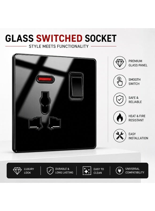 Premium Black Glass Switched Socket with Indicator & Switch | Universal Multi Plug Wall Socket | Tempered Glass Panel | Modern Luxury Electrical Outlet | Scratch & Heat Resistant | Black