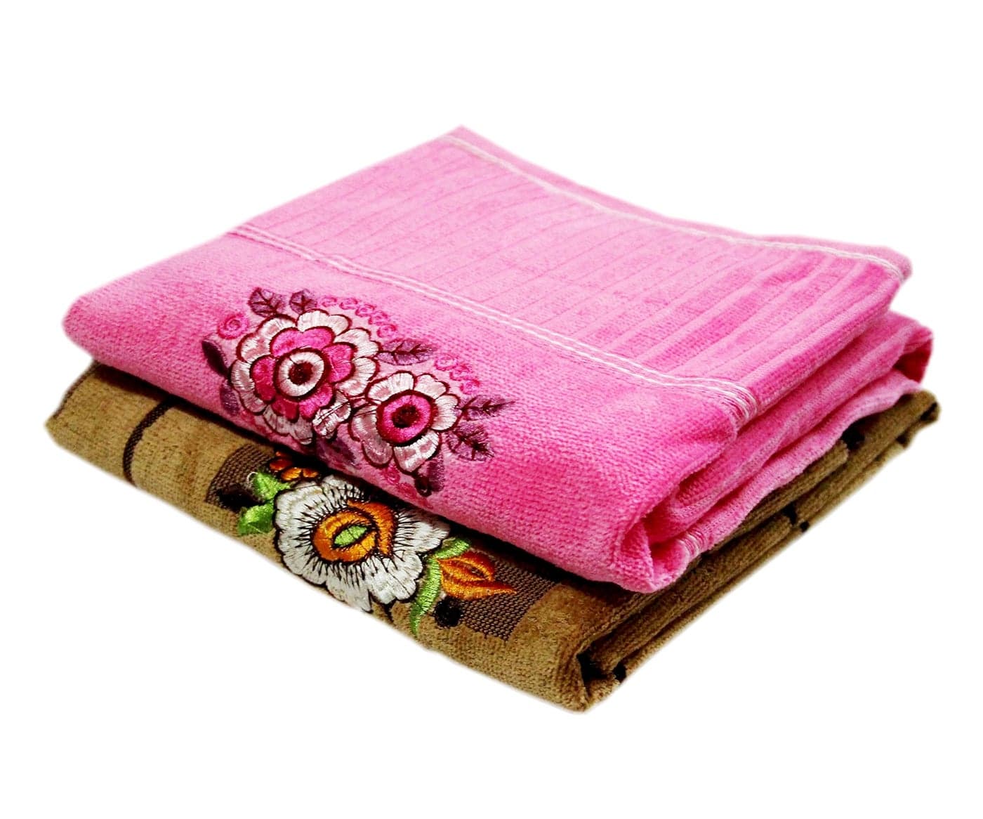 Space Fly Love Touch Attractive Embroidery, Good Look Cotton & Soft Bath Towels for Regular Use (Size : 27 X 56 Inch) (Pink & Brown) (Set of 2)