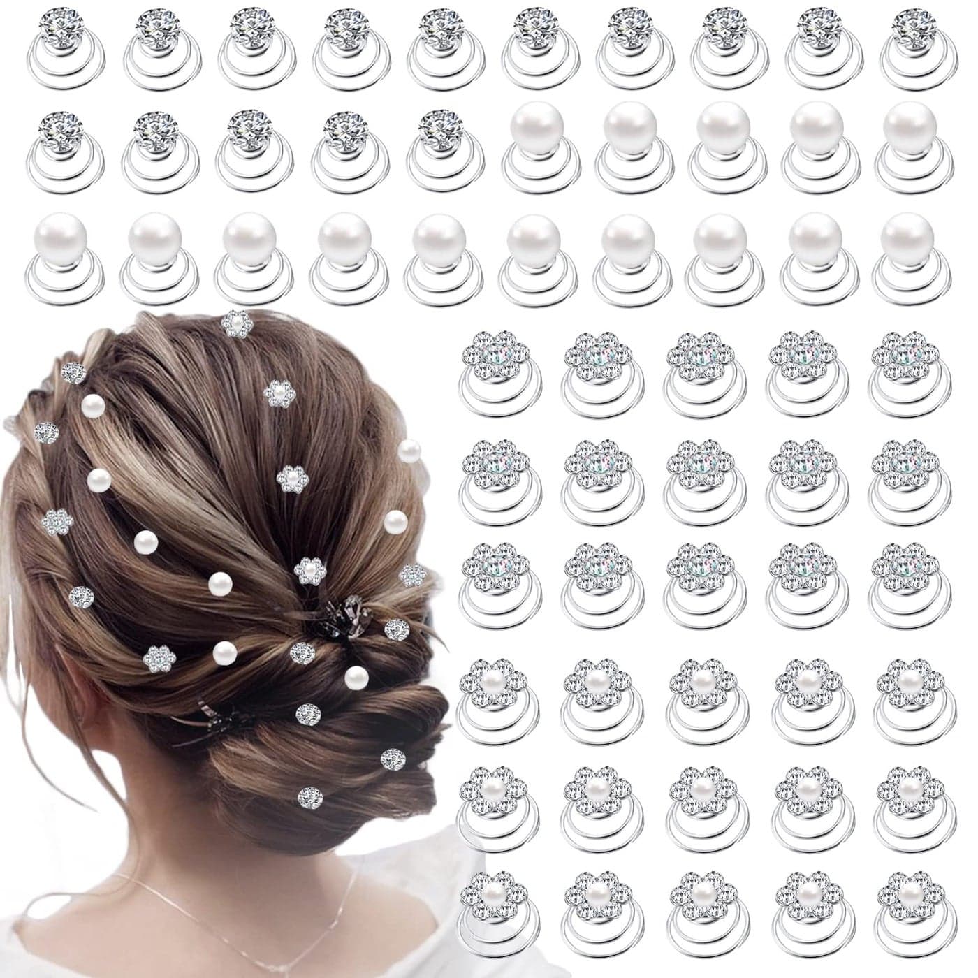 60 PCS 4 Shapes Gems Rhinestone Twister Hair Studs Set Diamond Spiral Pearl Flower Jewels Hair Pins Sticks for Wedding Bridal Prom Party and Special Occasion Pearl