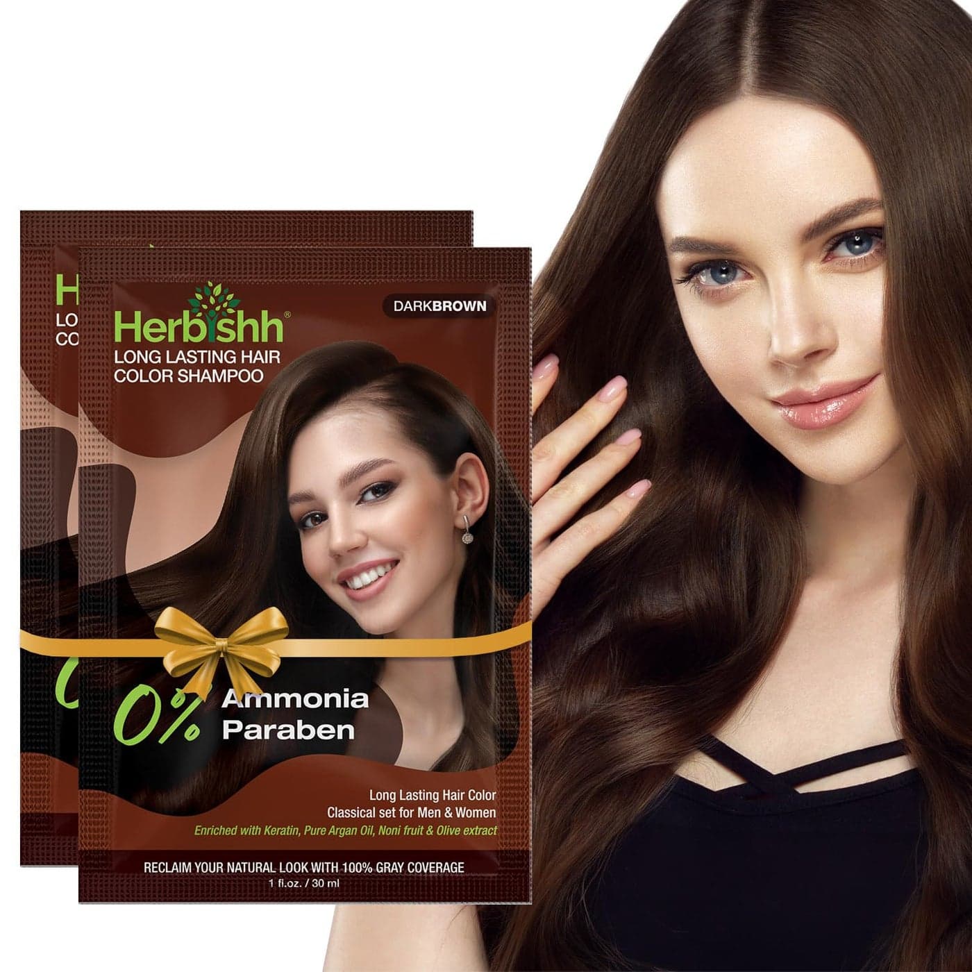 Herbishh Travel Pack Hair Dye Color Shampoo in Sachet 1pc Argan Hair Mask Sachet Dark brown 2 sachets