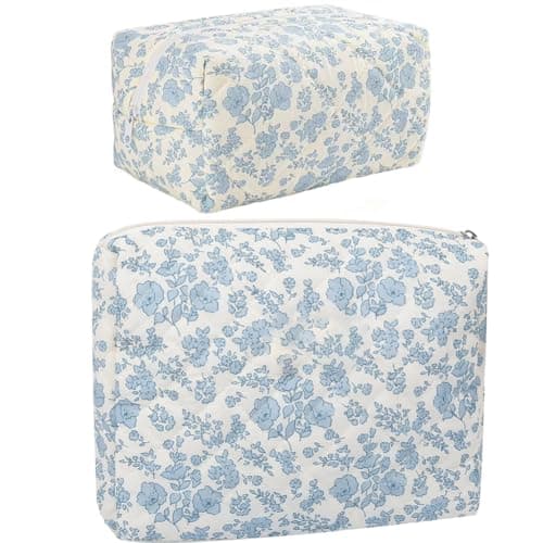 FITINI 2 Pcs Makeup Bag Large Cosmetic Bags Portable Travel Toiletry Case Organizer Cute Small Brushes Storage Pouch with Zipper for Women PurseQuilting Blue Flower