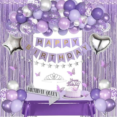 Purple Birthday Decorations for Women Girls, Lavender Purple Silver Foil Balloons Table Cloth Sash Crown Fringe Curtains Happy Birthday Banner Glitter Star Garland Butterfly Cake Topper Party Supplies