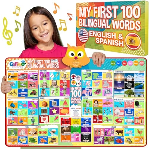 First 100 Words Bilingual Electronic Alphabet Poster Interactive Learning Chart for Kids 100 First Words in English Spanish Educational Talking Wall Poster