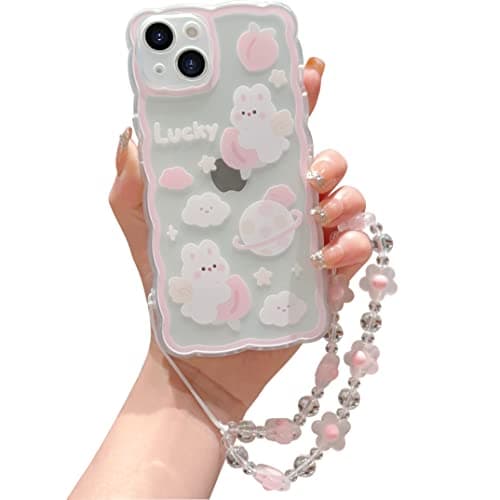 ZSYTZL Compatible with iPhone 13 Case Cute Cartoon Peach Rabbit with Cute Chain Design for Women Girls Aesthetic Kawaii Slim Soft TPU Transparent Case for iPhone 13-Peach Rabbit