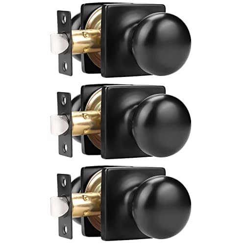 GOBEKOR 3 Pack Keyless Passage Door Knobs Matte Black Interior Door Knob with Lock Round Passage Knob for Hallway Stainless Steel Door Knob