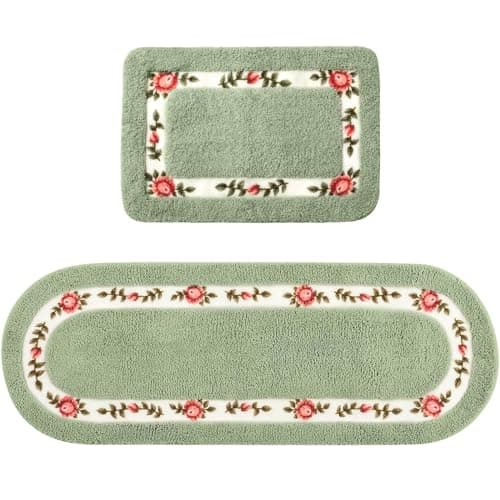 Drydiet 2 Pcs Rose Flowers Bathroom Rugs Set Coquette Room Decor Floral Rugs for Bathroom Bedroom Living Room,Non Skid Absorbent Romantic Rose Flower Area Rugs 2 Shapes(Green,Small)