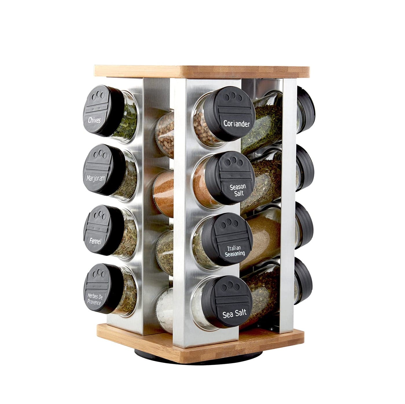 Kamenstein 16 Jar Warner Revolving Countertop Spice Rack Organizer with Lift Pour Caps and Spices Included FREE Spice Refills for 5 years Stainless Steel Bamboo with Black Caps