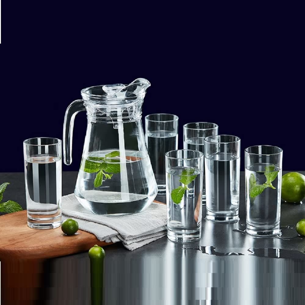 MZP Italin Premium Luxury Glass jug 1300 ml with Lid Drinking Glasses Set 6 Glass 300ML Water Jug Glass for Hot Cold Water Coffee Milk Juice Iced Tea Transparent 1 jug 6 Glass Premium Imported